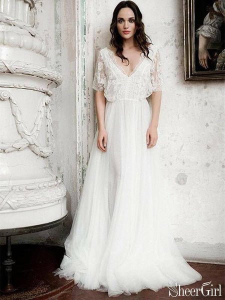 Short Sleeve Boho Wedding Dresses Ivory ...